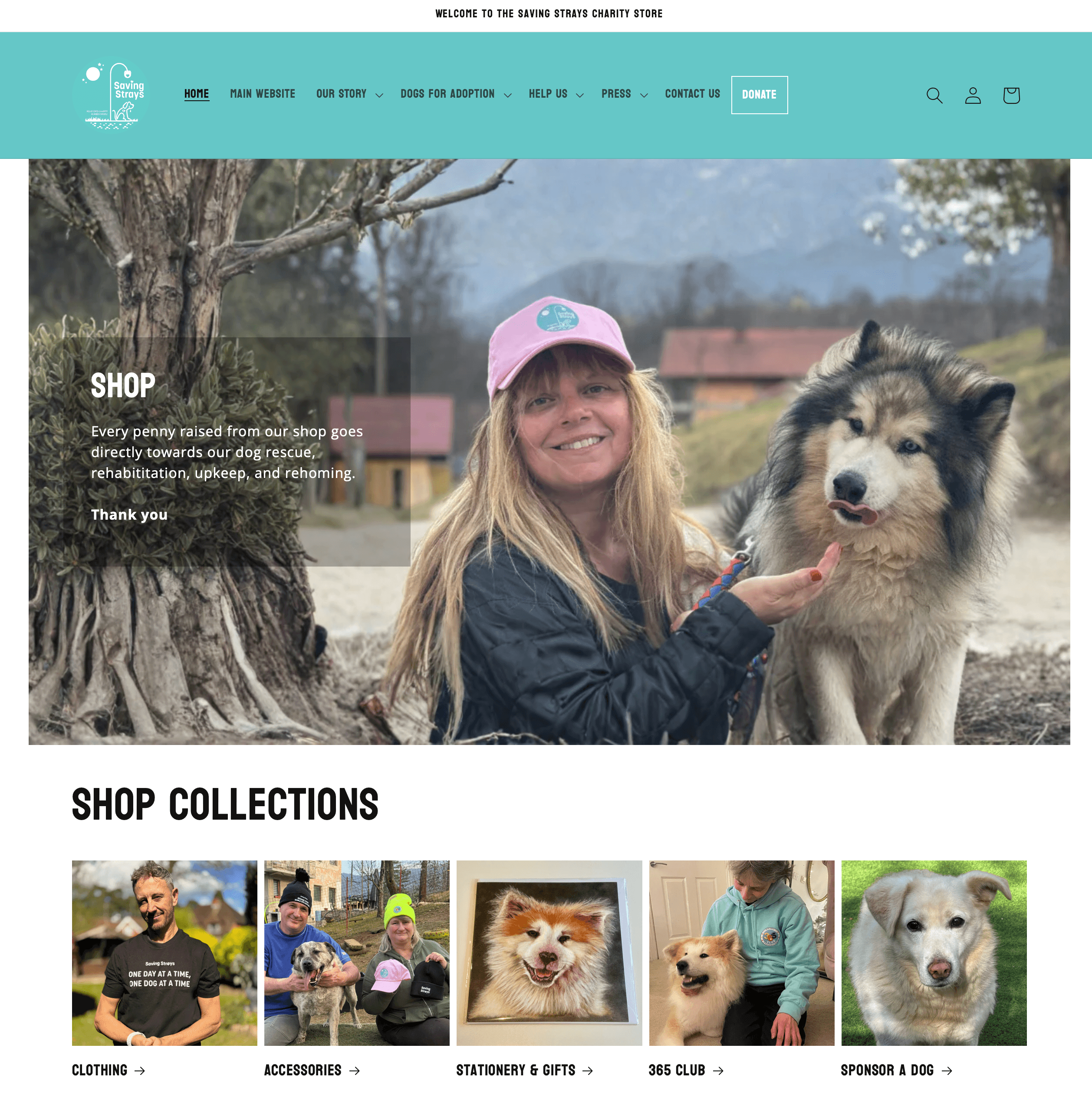 Saving Strays eCommerce Storefront Homepage